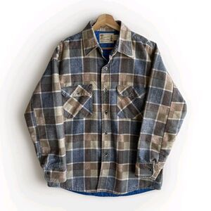 Vintage 70's Fieldmaster Blue Plaid Heavy Flannel Shirt Jacket Shacket Men Large